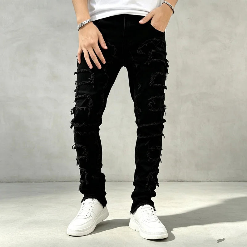 Black Men's Ripped Skinny Jeans with Stretch Denim & Stacked Fit - Front Standing
