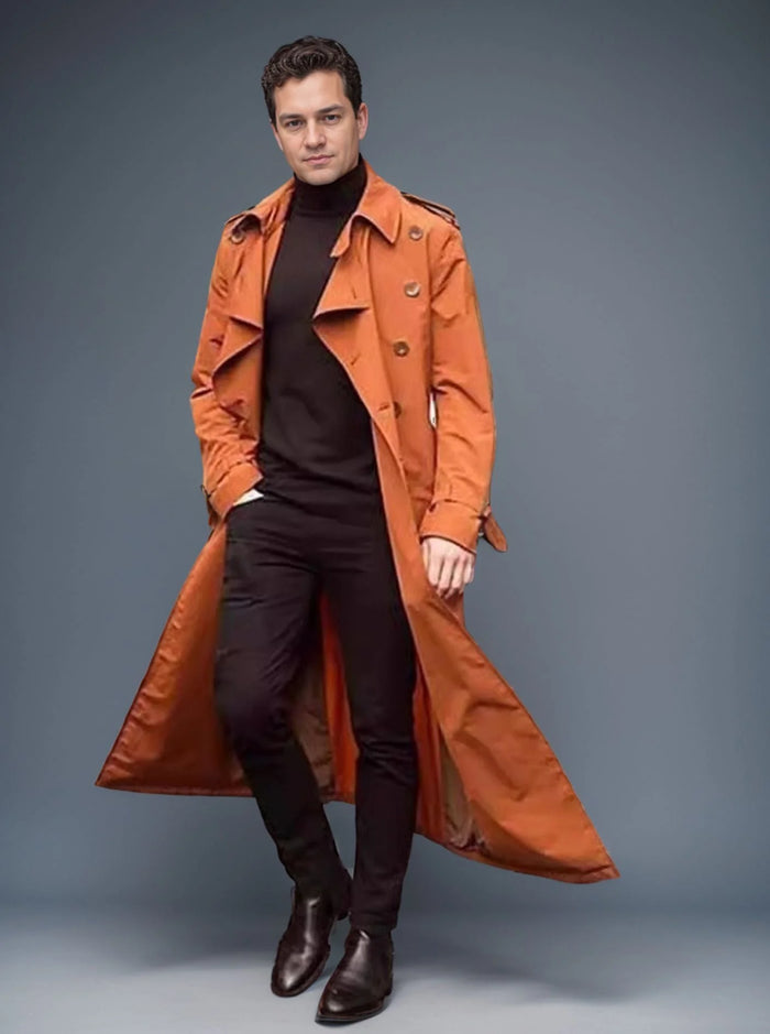 Orange Men's Double-Breasted Trench Coat with Belted Waist & Notch Lapels