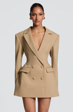 Sand Women's Double-Breasted Blazer Mini Dress with Notched Lapel - Front Full