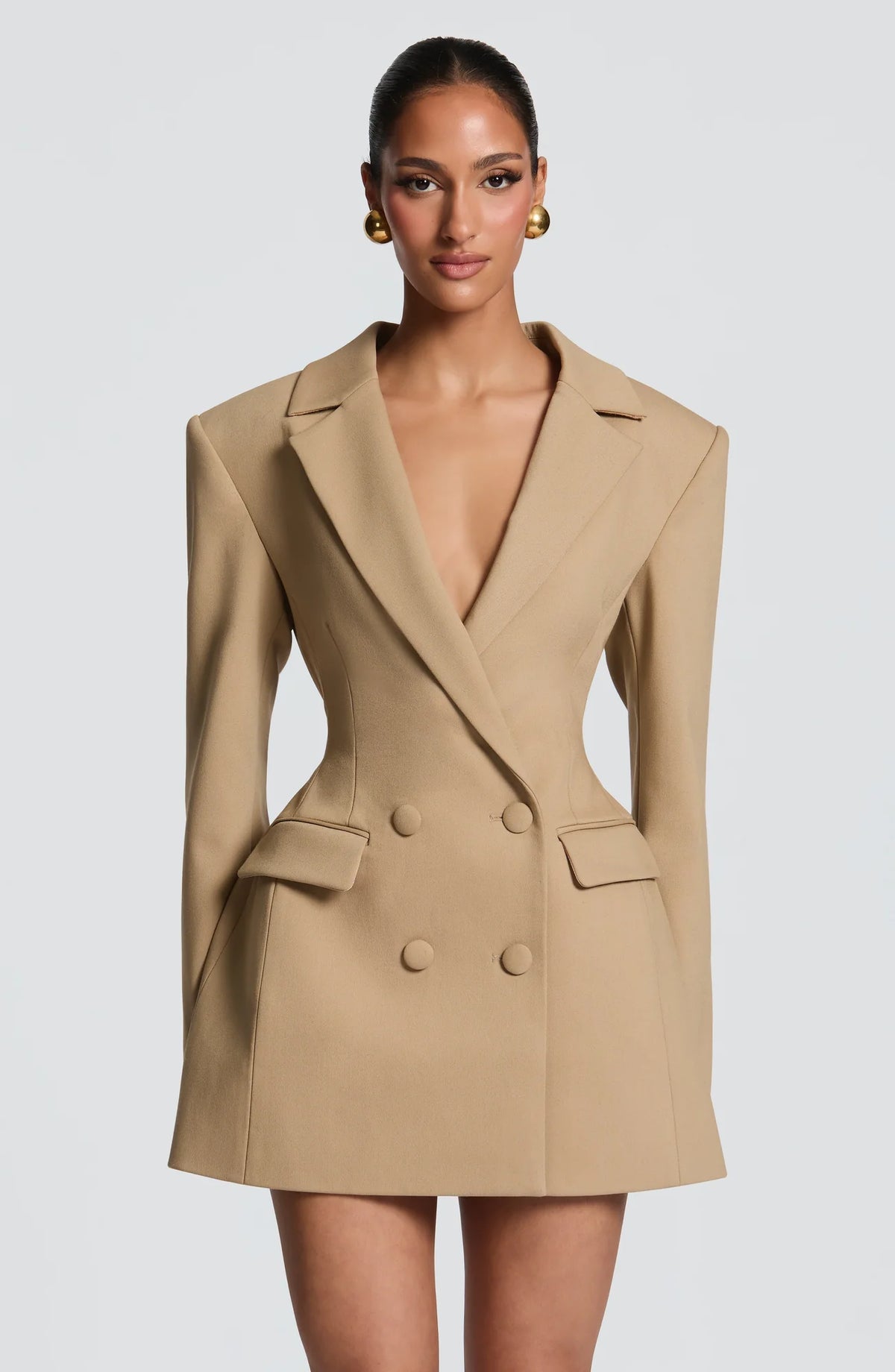 Sand Women's Double-Breasted Blazer Mini Dress with Notched Lapel - Front Full