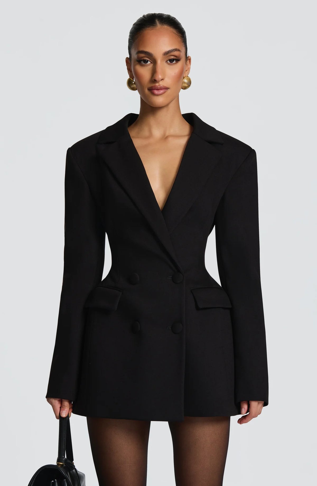 Black Women's Double-Breasted Blazer Mini Dress with Notched Lapel - Close Up Neckline