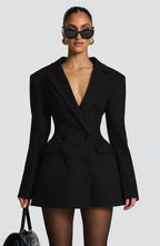 Women's Double-Breasted Blazer Mini Dress with Notched Lapel - Close Up Torso