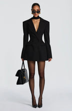 Women's Double-Breasted Blazer Mini Dress with Notched Lapel - Front Full Bag