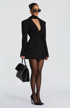 Women's Double-Breasted Blazer Mini Dress with Notched Lapel - Side Profile