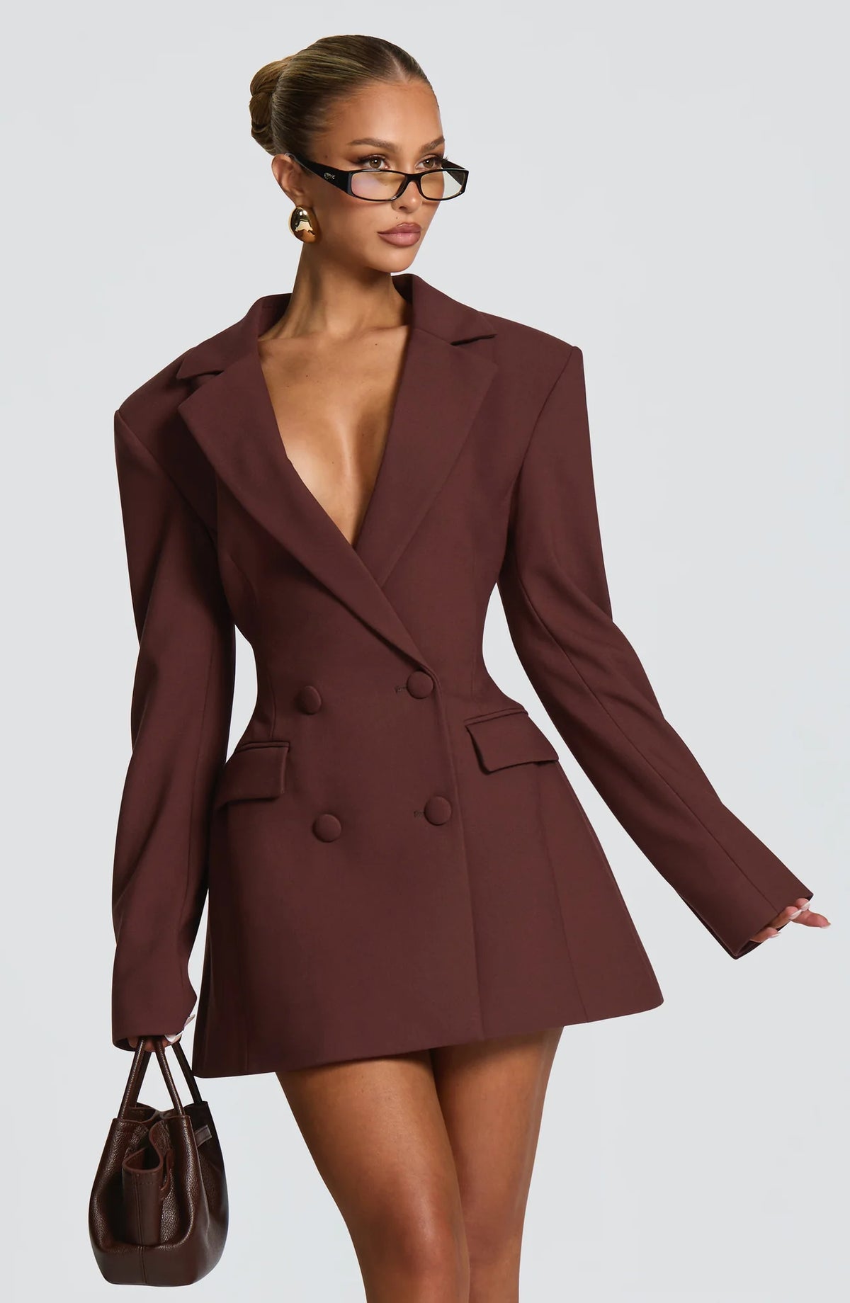 Women's Double-Breasted Blazer Mini Dress with Notched Lapel - Front Bag