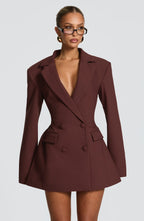 Brown Women's Double-Breasted Blazer Mini Dress with Notched Lapel - Front Full