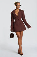 Women's Double-Breasted Blazer Mini Dress with Notched Lapel - Full Body Walking
