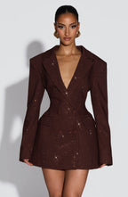 Brown Glitter Women's Double-Breasted Blazer Mini Dress with Notched Lapel - Front Full