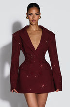 Burgundy Glitter Women's Double-Breasted Blazer Mini Dress with Notched Lapel - Front Full