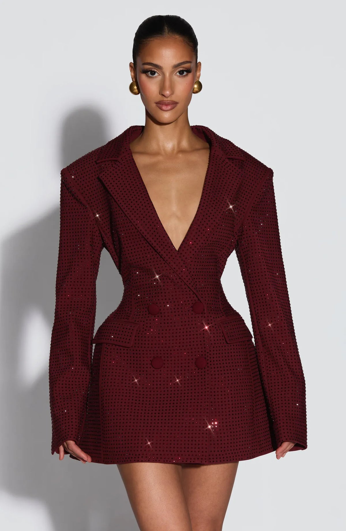 Burgundy Glitter Women's Double-Breasted Blazer Mini Dress with Notched Lapel - Front Full