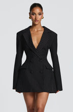 Black Pinstripe Women's Double-Breasted Blazer Mini Dress with Notched Lapel