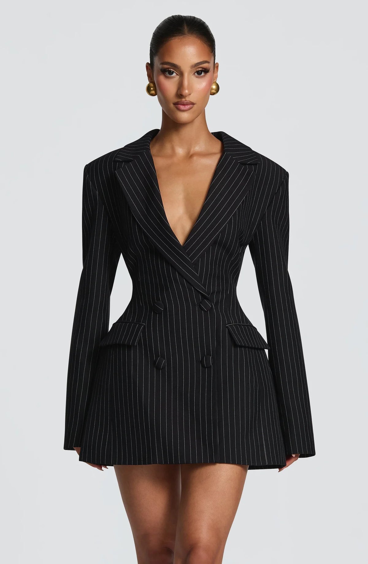 Black Pinstripe Women's Double-Breasted Blazer Mini Dress with Notched Lapel