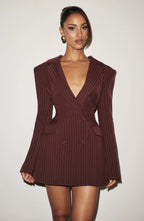 Burgundy Pinstripe Women's Double-Breasted Blazer Mini Dress with Notched Lapel