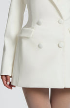 Women's Double-Breasted Blazer Mini Dress with Notched Lapel - Close Up Buttons
