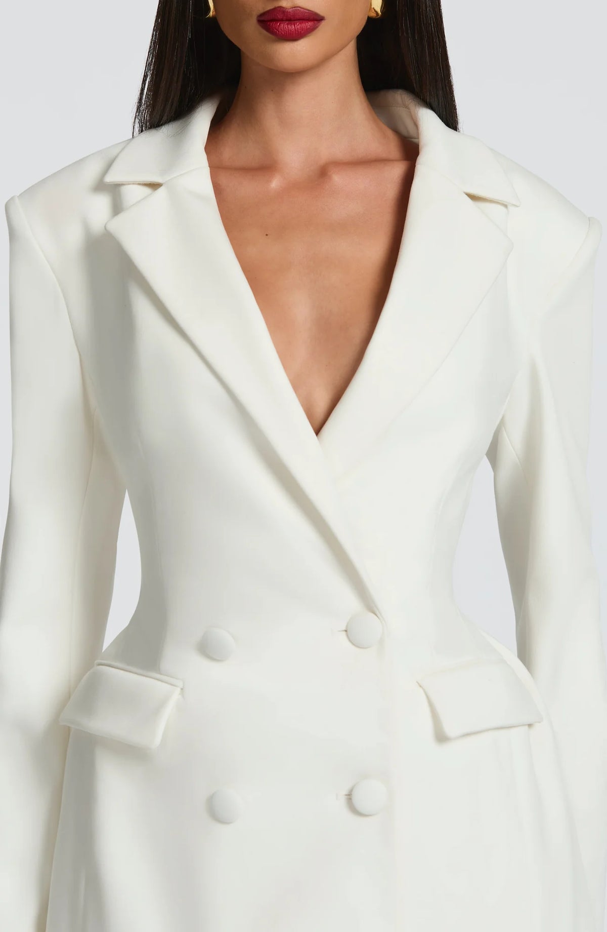Women's Double-Breasted Blazer Mini Dress with Notched Lapel - Close Up Collar
