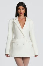 White Women's Double-Breasted Blazer Mini Dress with Notched Lapel - Front Full Portrait