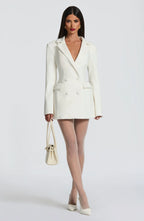 Women's Double-Breasted Blazer Mini Dress with Notched Lapel - Front Full Studio