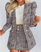 Black - Checkered Women's Blazer Skirt Set with Puff Sleeves & Tailored Fit - Front View