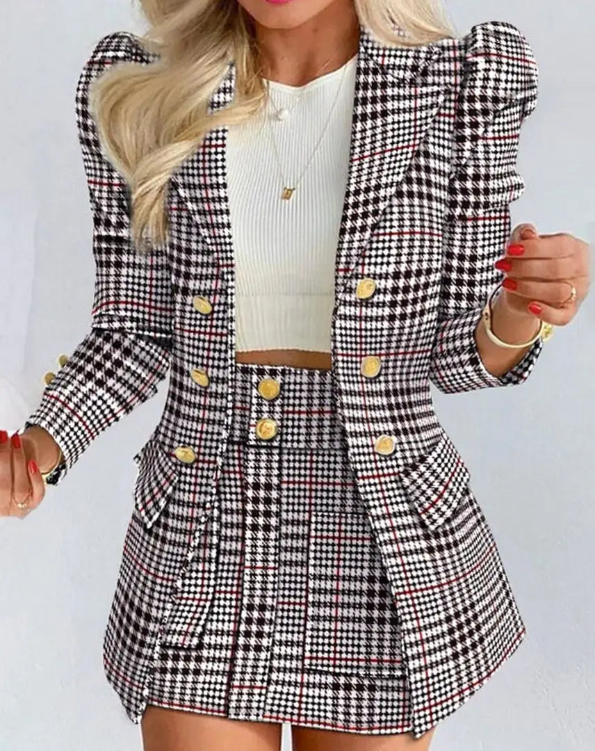Black - Checkered Women's Blazer Skirt Set with Puff Sleeves & Tailored Fit - Front View