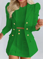 Green Women's Blazer Skirt Set with Puff Sleeves & Tailored Fit - Solid Front Pose