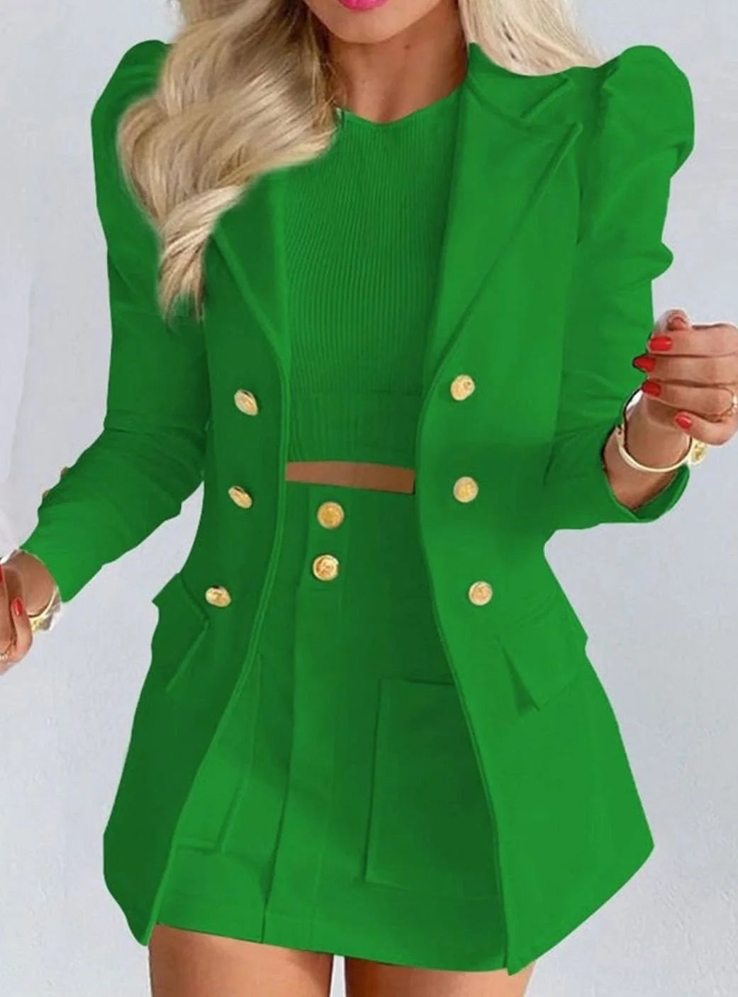 Green Women's Blazer Skirt Set with Puff Sleeves & Tailored Fit - Solid Front Pose