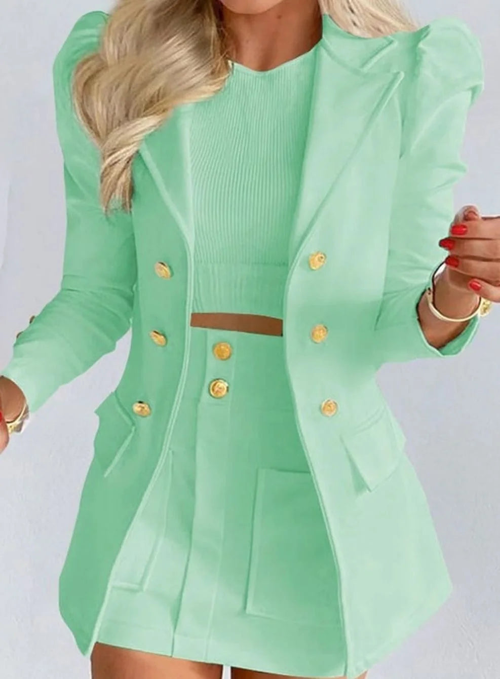 Light Green Women's Blazer Skirt Set with Puff Sleeves & Tailored Fit - Mint Front Pose