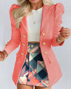 Pink Women's Blazer Skirt Set with Puff Sleeves & Tailored Fit - Plaid Skirt Pose