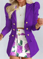 Purple Women's Blazer Skirt Set with Puff Sleeves & Tailored Fit