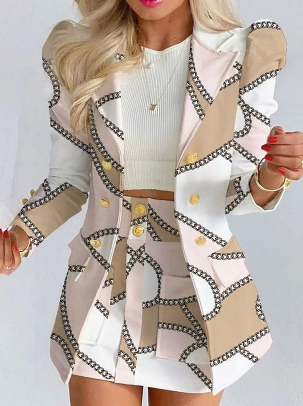 White - Chain Women's Blazer Skirt Set with Puff Sleeves & Tailored Fit - Chains Chain Print Front