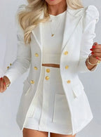 White Women's Blazer Skirt Set with Puff Sleeves & Tailored Fit