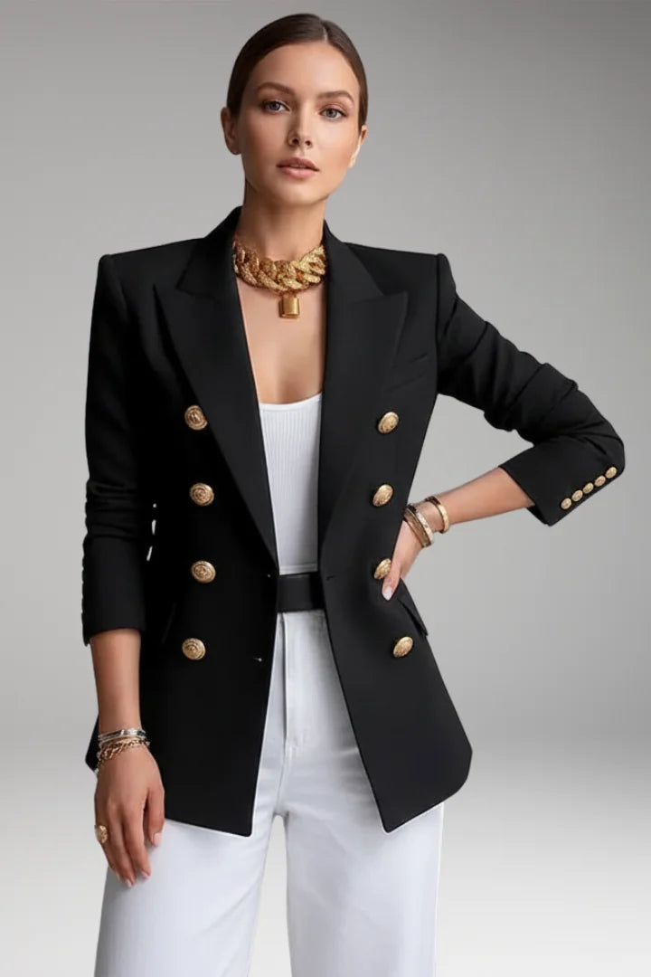 Black Women's Double-Breasted Blazer with Peak Lapel & Button Detail