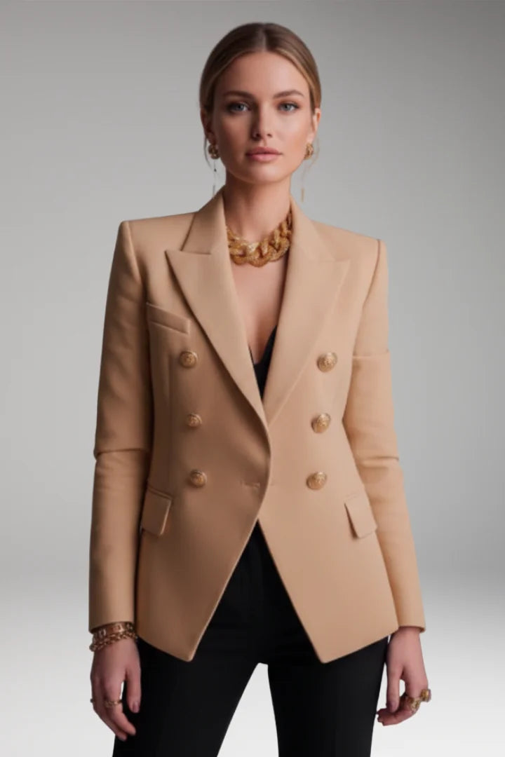 Khaki Women's Double-Breasted Blazer with Peak Lapel & Button Detail