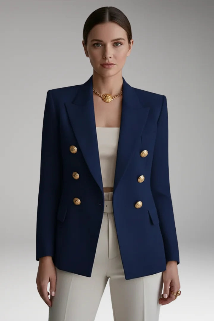 Navy Blue Women's Double-Breasted Blazer with Peak Lapel & Button Detail