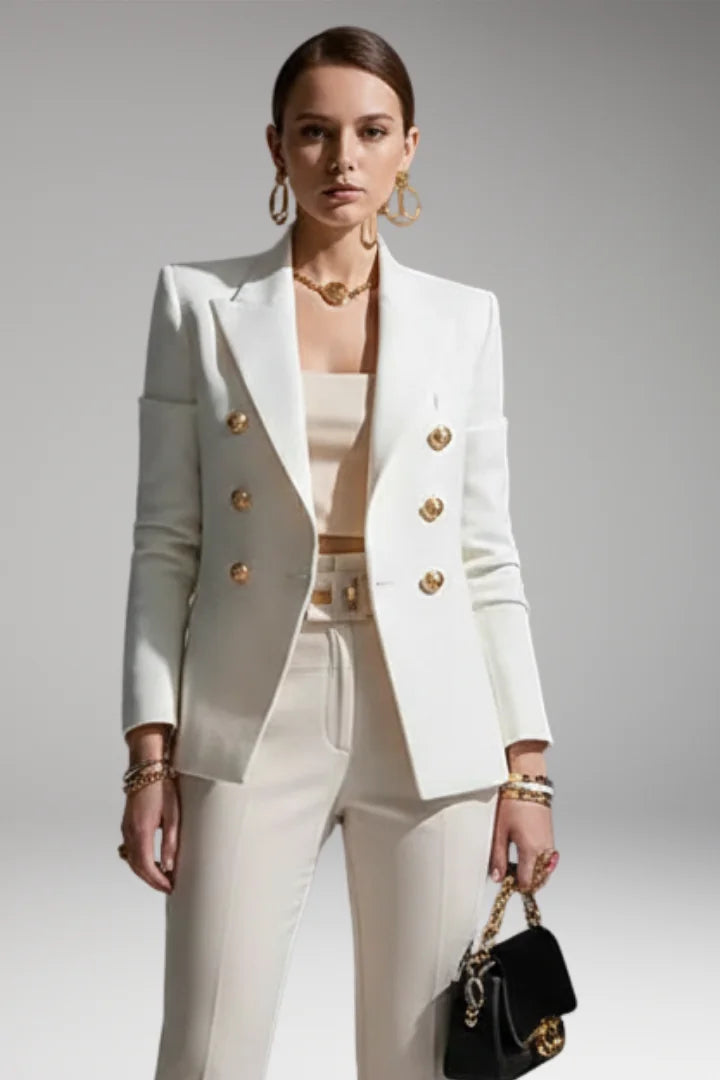 White Women's Double-Breasted Blazer with Peak Lapel & Button Detail