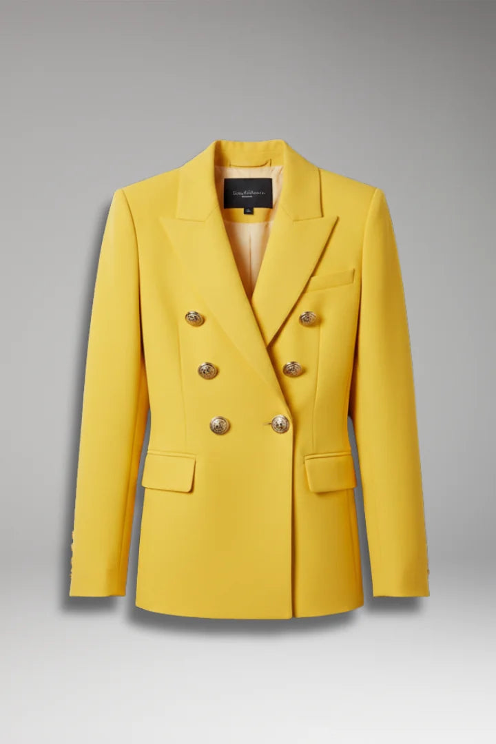 Yellow Women's Double-Breasted Blazer with Peak Lapel & Button Detail - Flat Lay Front