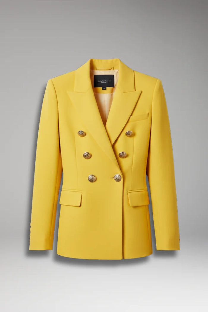 Yellow Women's Double-Breasted Blazer with Peak Lapel & Button Detail - Flat Lay Front