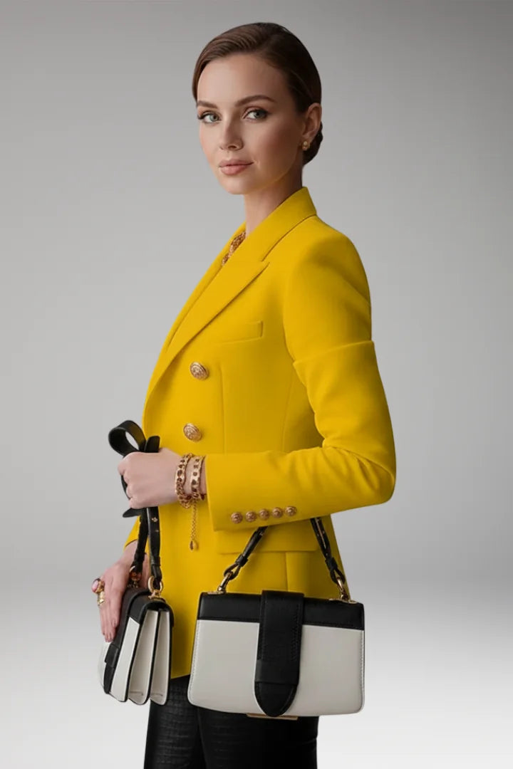 Women's Double-Breasted Blazer with Peak Lapel & Button Detail - Side Worn Bag