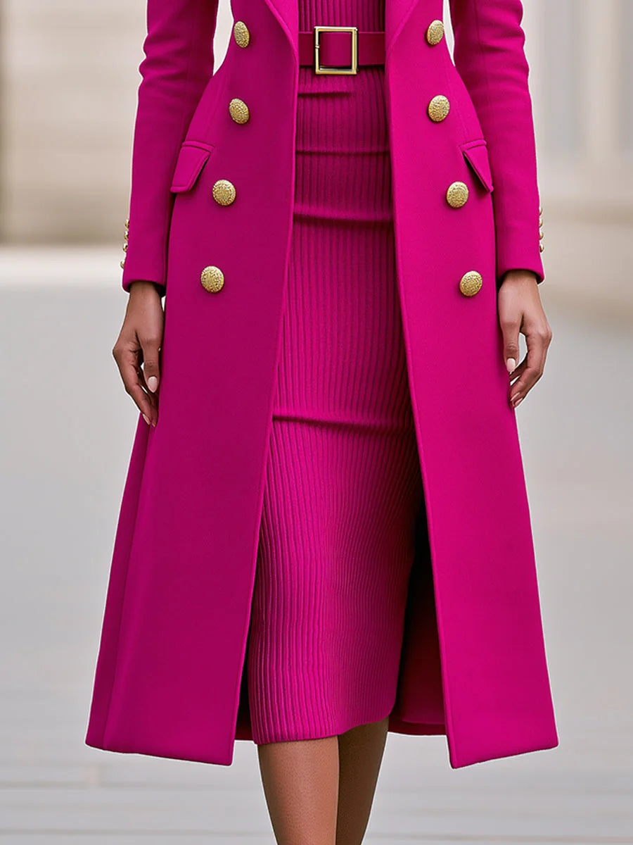 Rose Red Women's Double-Breasted Coat Dress Set with Belted Knit Midi Dress - Close Up Hem Buttons