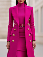 Rose Red Women's Double-Breasted Coat Dress Set with Belted Knit Midi Dress - Close Up Torso Buttons