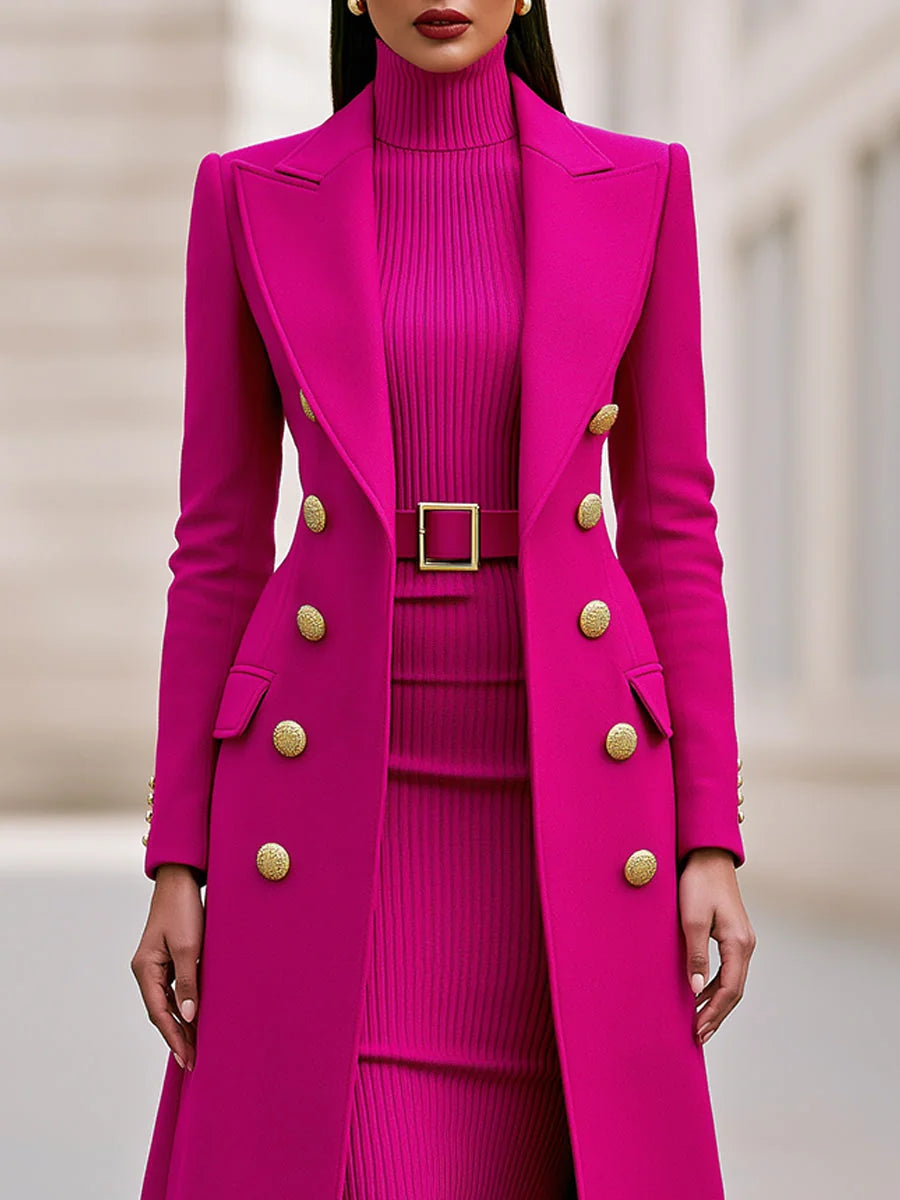 Rose Red Women's Double-Breasted Coat Dress Set with Belted Knit Midi Dress - Close Up Torso Buttons