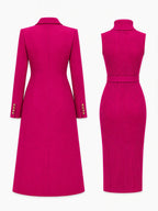 Rose Red Women's Double-Breasted Coat Dress Set with Belted Knit Midi Dress - Flat Lay Back