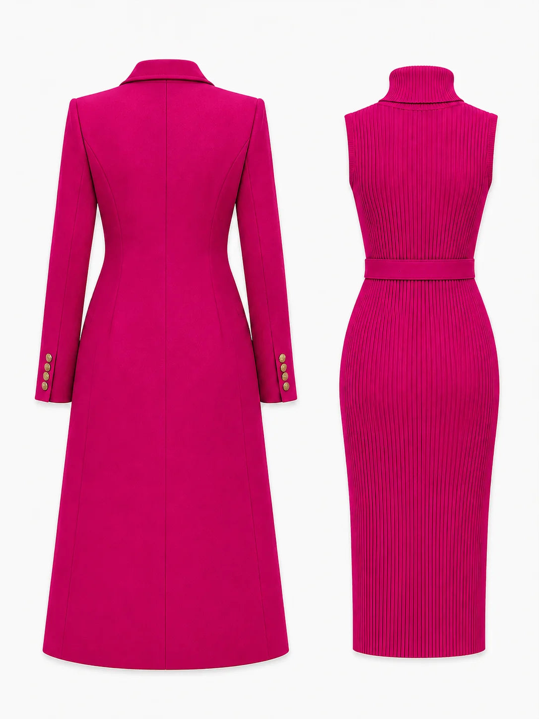 Rose Red Women's Double-Breasted Coat Dress Set with Belted Knit Midi Dress - Flat Lay Back