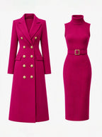 Rose Red Women's Double-Breasted Coat Dress Set with Belted Knit Midi Dress - Flat Lay Front
