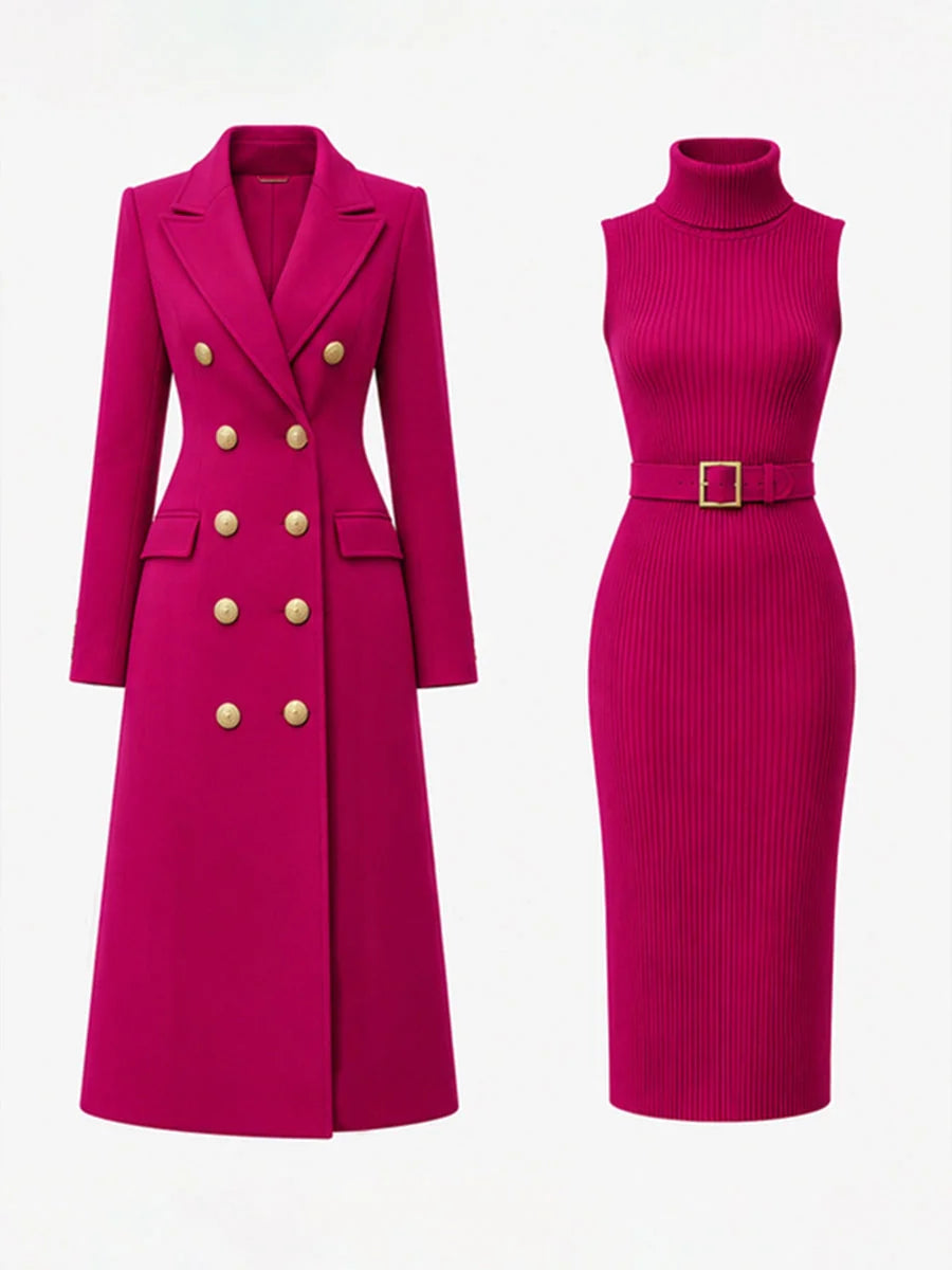 Rose Red Women's Double-Breasted Coat Dress Set with Belted Knit Midi Dress - Flat Lay Front