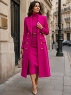 Rose Red Women's Double-Breasted Coat Dress Set with Belted Knit Midi Dress - Model Walking Street
