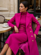 Rose Red Women's Double-Breasted Coat Dress Set with Belted Knit Midi Dress - Seated Cafe Pose
