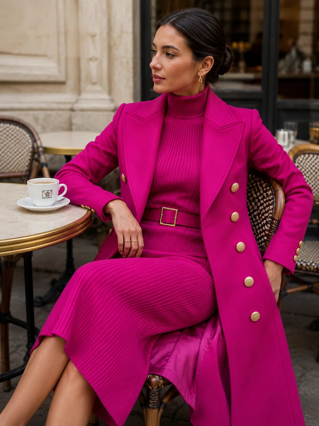 Rose Red Women's Double-Breasted Coat Dress Set with Belted Knit Midi Dress - Seated Cafe Pose