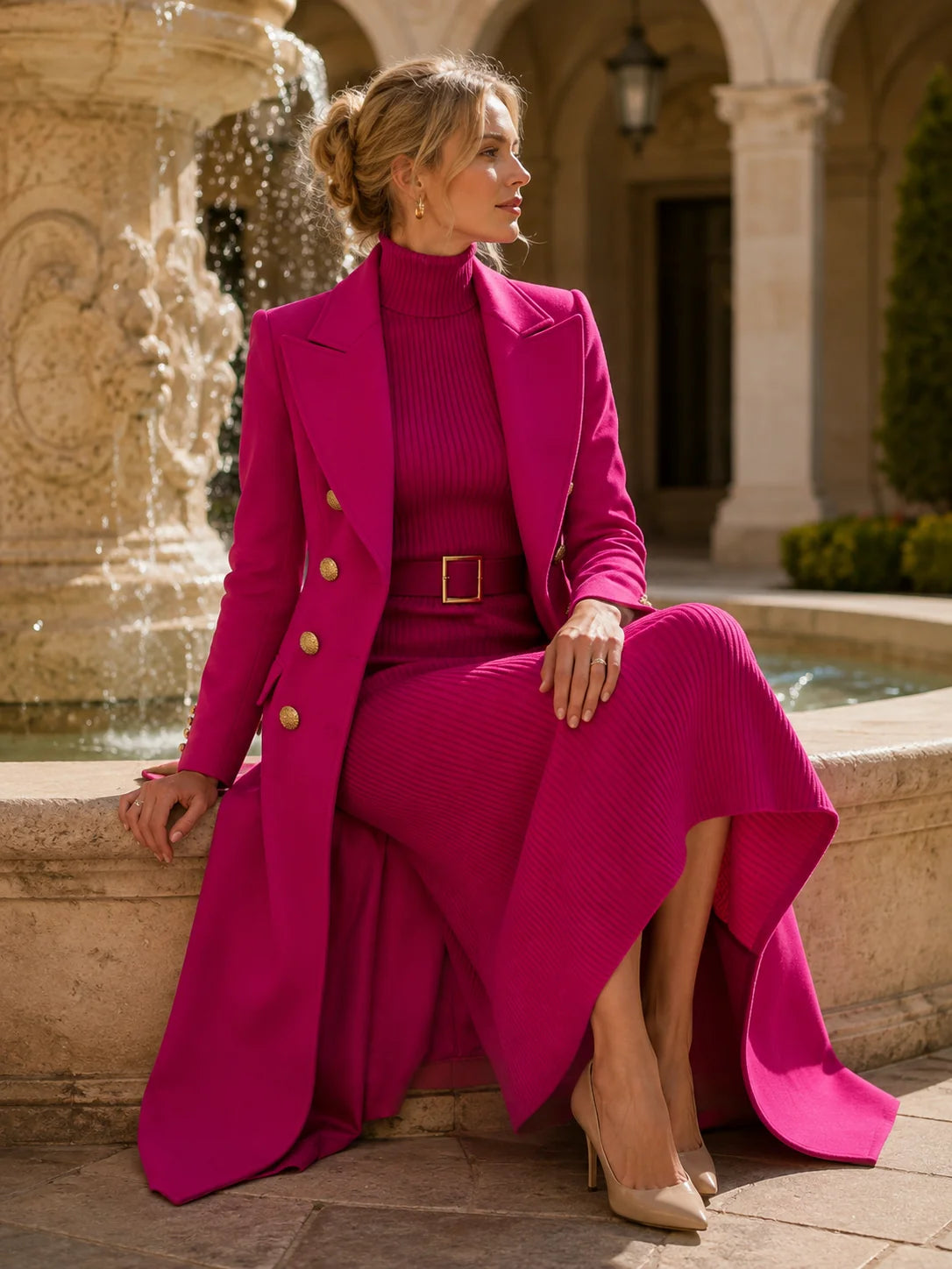 Rose Red Women's Double-Breasted Coat Dress Set with Belted Knit Midi Dress - Seated Fountain Pose