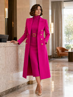 Rose Red Women's Double-Breasted Coat Dress Set with Belted Knit Midi Dress - Walking Indoor Lobby