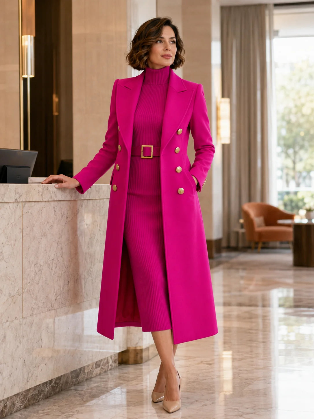 Rose Red Women's Double-Breasted Coat Dress Set with Belted Knit Midi Dress - Walking Indoor Lobby